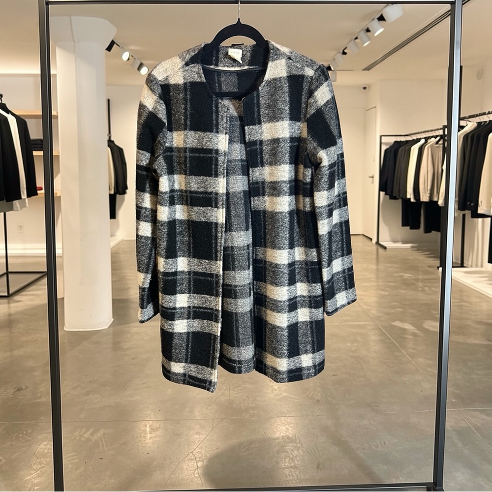 Aspen Plaid Open-Front Pea Coat in Black, Blue, & White